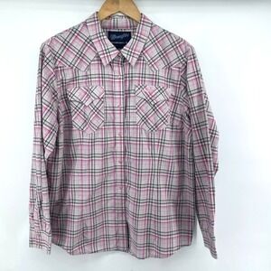 Wrangler Shirt Womens XL Pink Gray Plaid Western Pearl Snap Long Sleeve Cowgirl